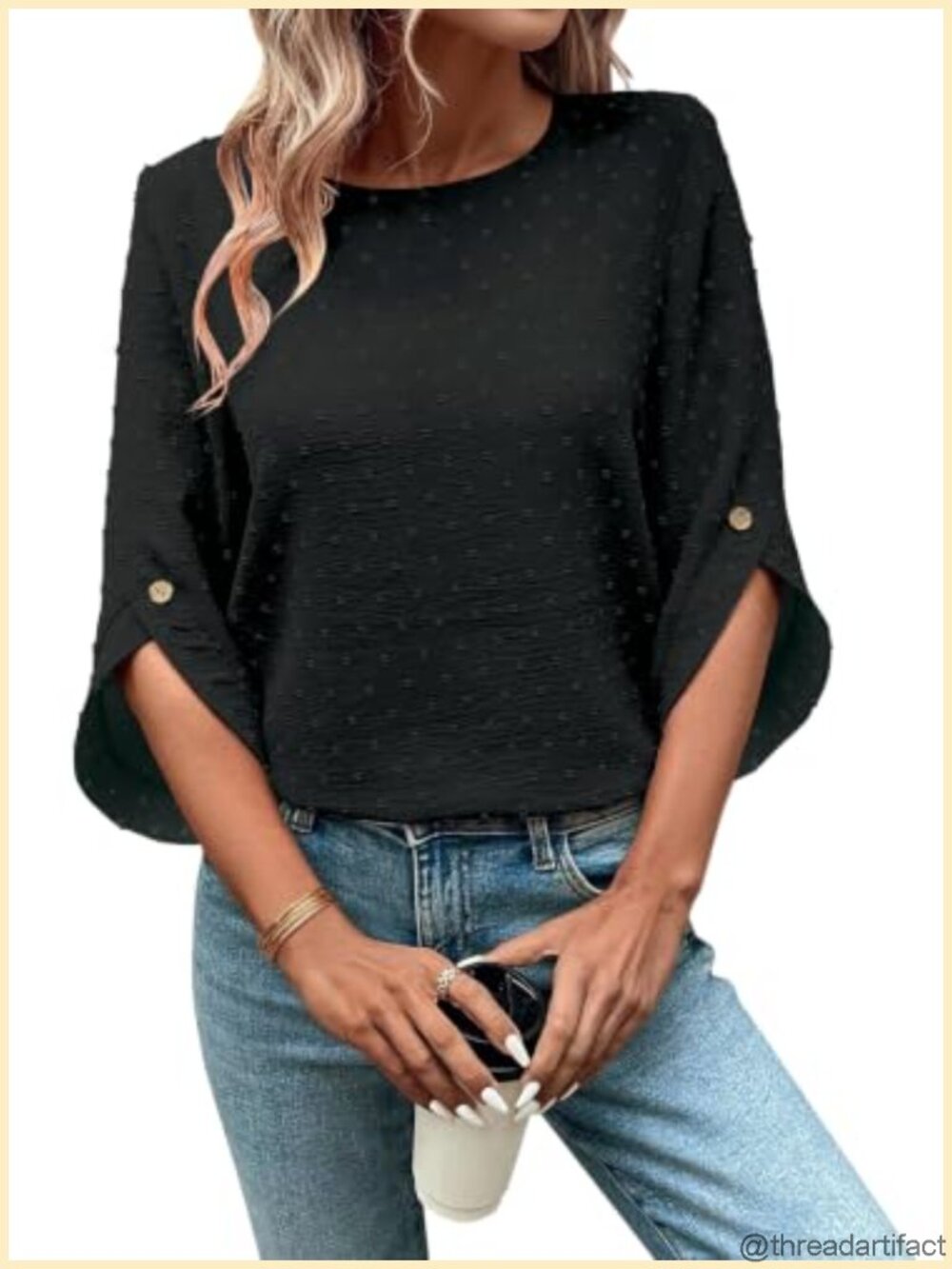 Falechay Womens Blouse 3/4 Sleeve Swiss Dot Crew Neck Casual Top
